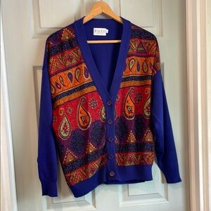 Russ Women's L Vintage 80s Royal Blue Multicolor Paisley V-Neck Cardigan Sweater